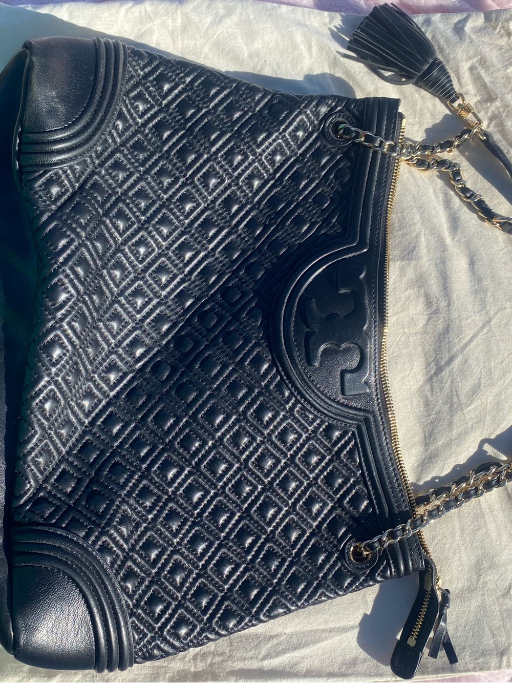 Tory Burch Black Quilted Leather Shoulder Bag with Tassel